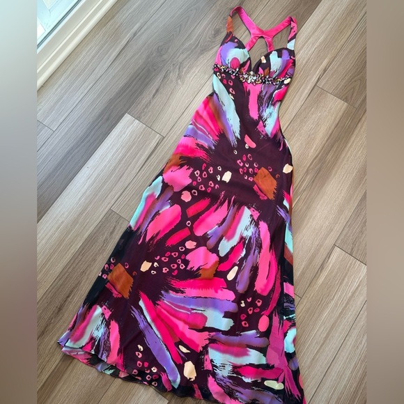 Pink Purple Colorful Abstract Embellished Gown Maxi Prom Dress - Picture 15 of 16